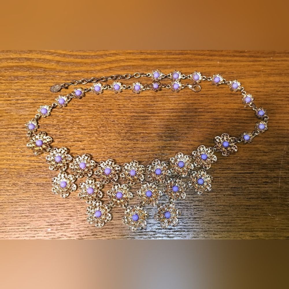 Charming Vintage purple stones on gold filigree necklace
